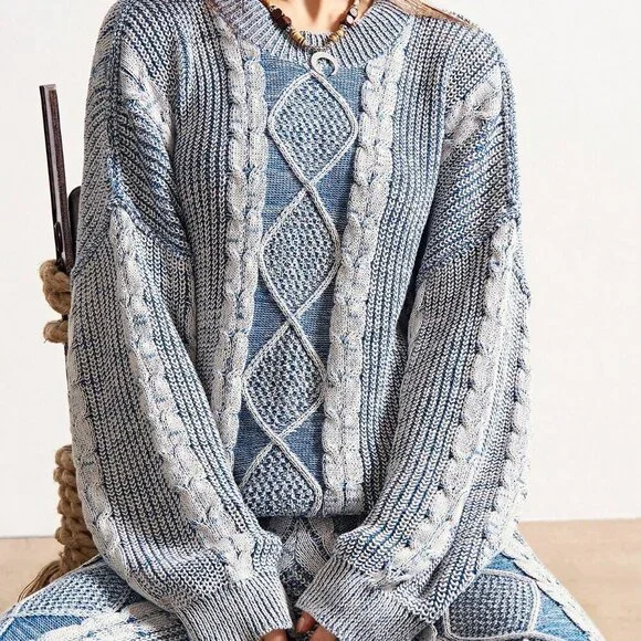 Blue And White Casual Boho Women's Sweater - Picture 5 of 8